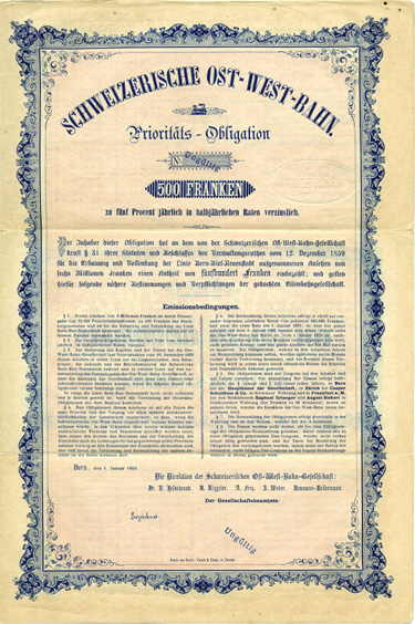 «Schweiz. Ost-West-Bahn Obligation 1860»